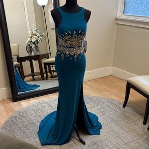 NWT Size 2 La Femme Teal with Gold Detailing